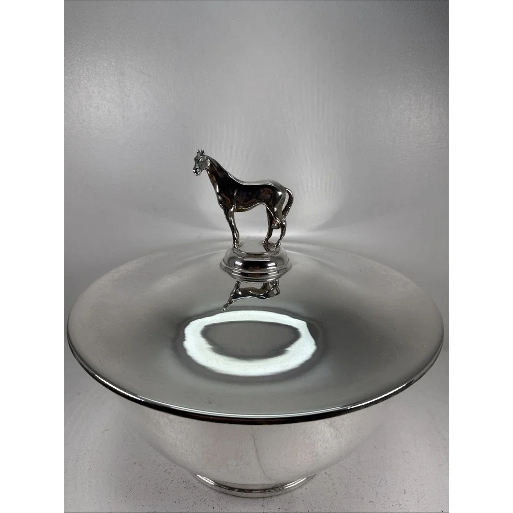 Authentic Vintage silver horse racing bowls Costume Horse On The Lid Unique.